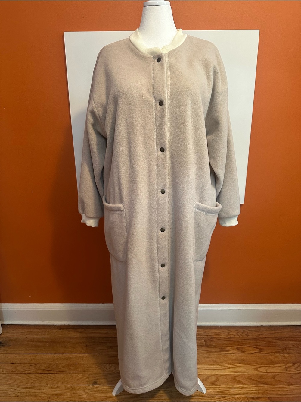 Orvis Long Fleece Snap Front Robe Duster Coat Tan Beige XL